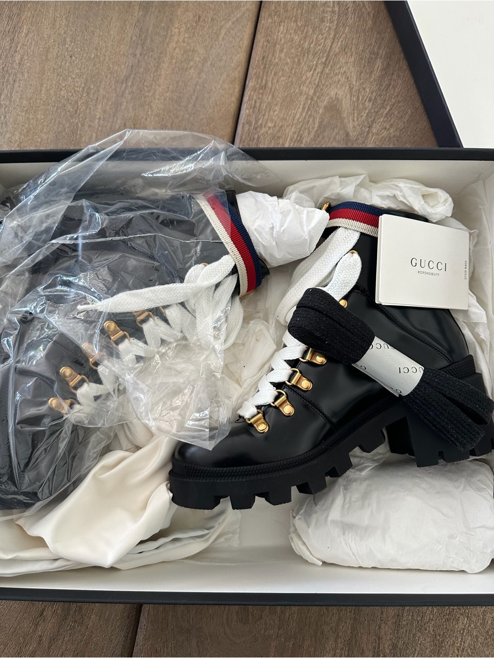 Gucci Black Leather Lace-Up Ankle Boot with White Laces and Gold Hardware